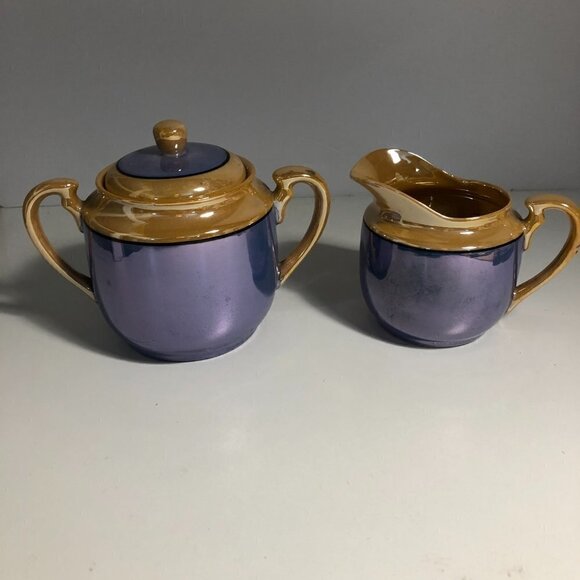 Blue Lusterware? - Creamer & Sugar Set - Floral - Made in Japan #83 - Picture 2 of 7